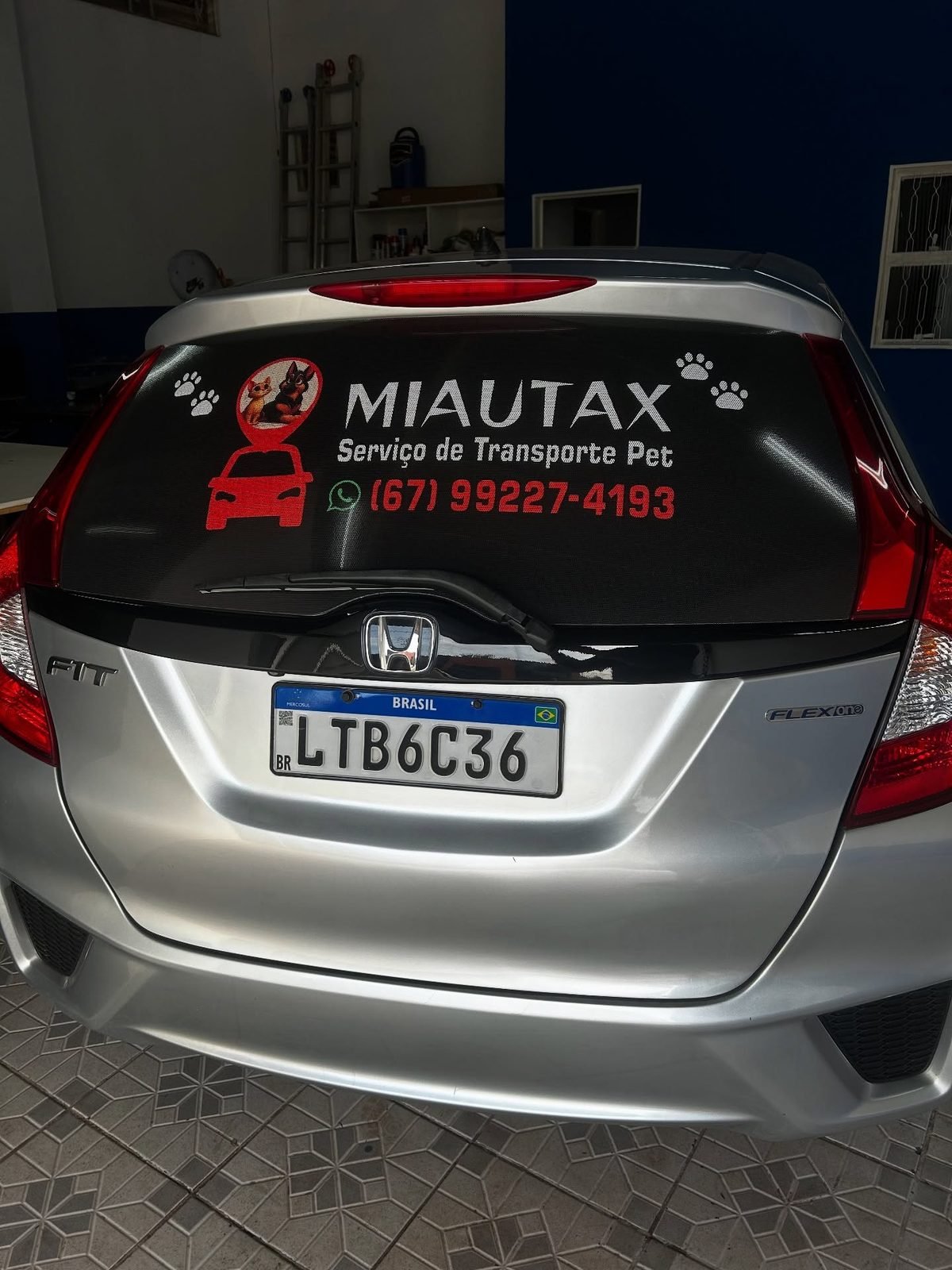 Adesivo recortado no vidro traseiro, com marca, serviço e telefone do transporte de pets.